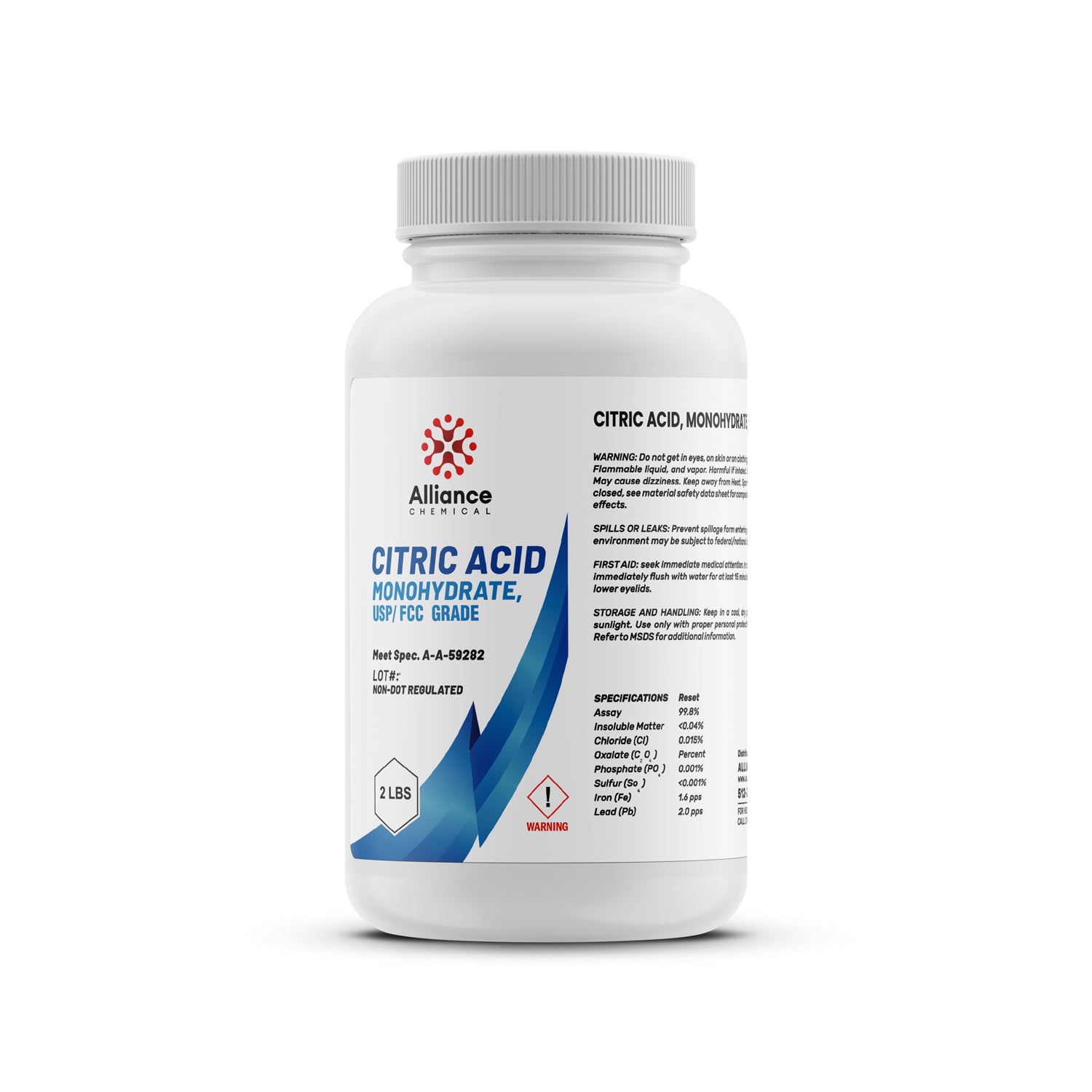 2-lb USP/FCC-grade citric acid monohydrate in white HDPE bottle with warning symbol, Alliance Chemical brand, 99.8% assay specification.